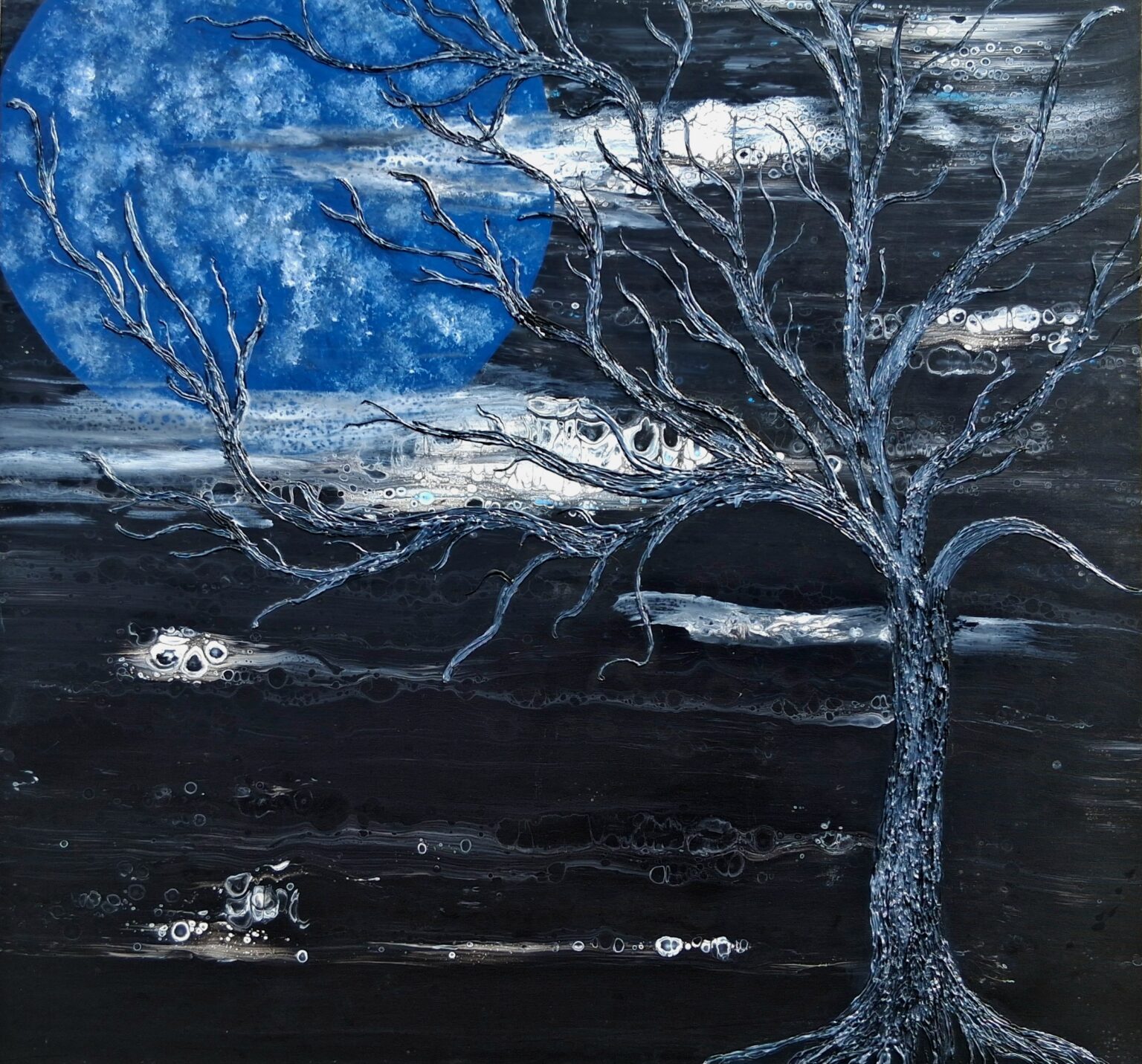 acrylic painting of big blue moon, glue tree art